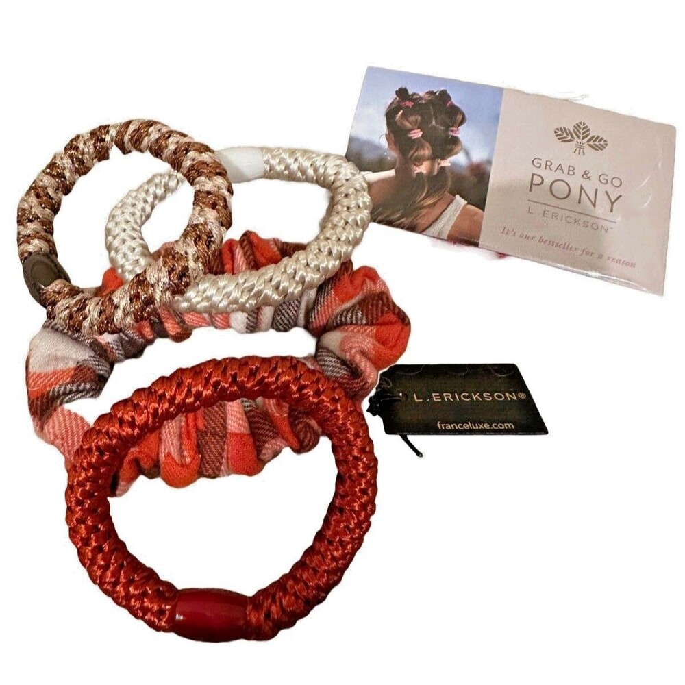 Bundle 5 L. Erickson France Luxe Grab and Go Pony Hair Ties & Flannel Scrunchie